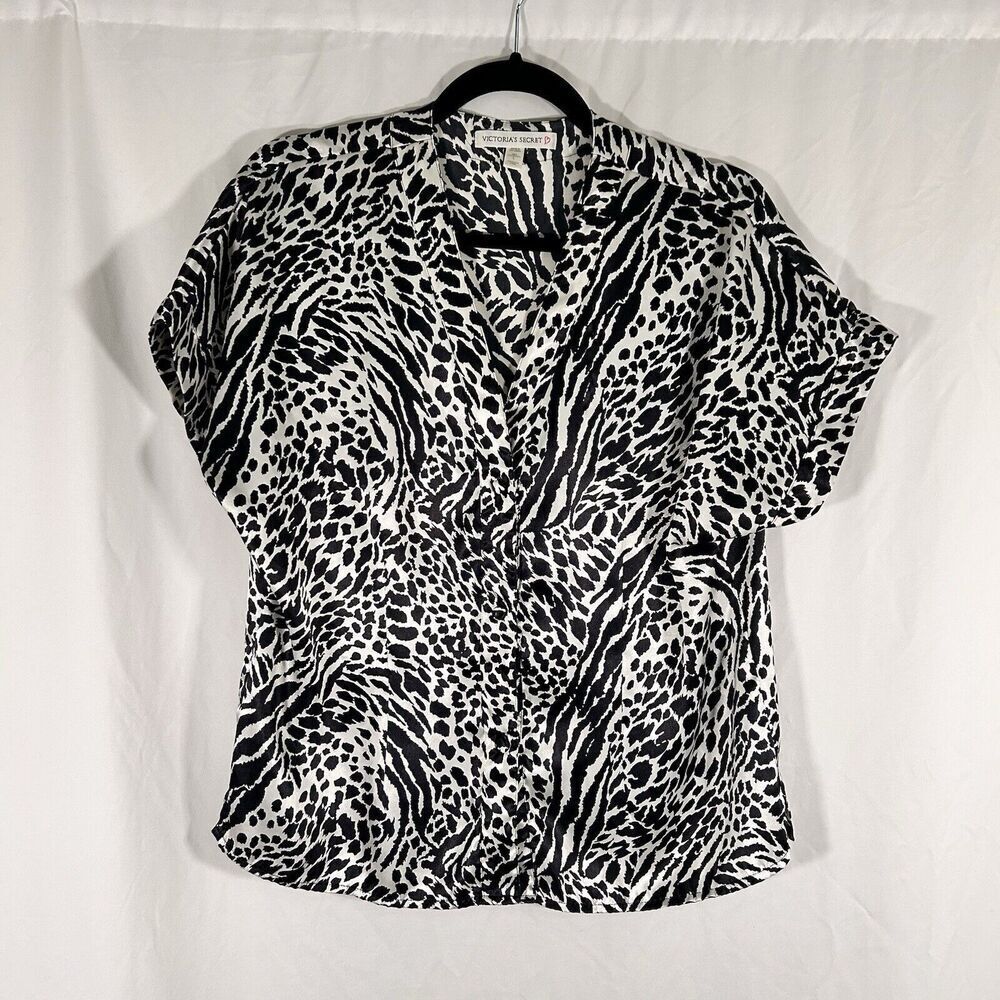 Victoria's Secret Top Women's Large White Black Animal Print Short Sleeve